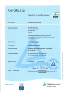Certificate - Inspection of welding process